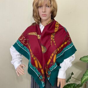 VTG Large Square Scarf Shawl Wrap Phesants/ horse Bit 45”x45”  Fringe